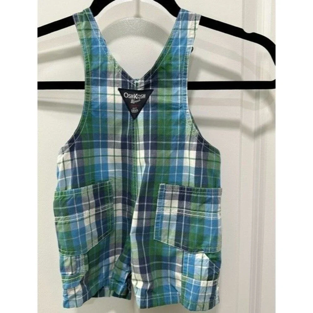 OshKosh B'gosh Baby Boy Shortalls 9 Months Blue Green Plaid One Piece 1990-2000